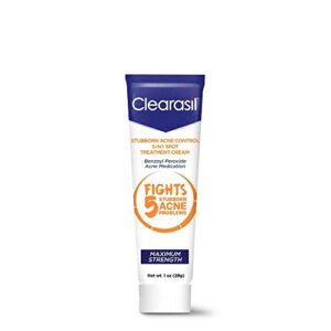 Clearasil Stubborn Acne Control 5in1 Spot Treatment Cream, Maximum Strength, Benzoyl Peroxide Acne Medication, Fights Blocked Pores, Pimple Size, Excess Oil, Acne Marks & Blackheads, 1 oz (Pack of 11)