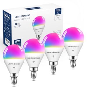 Lightinginside E12 Smart Light Bulbs 50W Equiv., G16.5 RGBCW Candelabra Chandelier Ceiling Fan Smart Bulb Works with Alexa/Google Home/Smart Life, 5W 550LM, 2.4G WiFi Bluetooth Bulb, ETL Listed, 4PCS