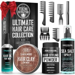 Viking Revolution Ultimate Hair Care Collection – Styling Hair Kit Includes Sea Salt Spray (8.8fl oz), Texture Powder (1oz), HairClay (2 oz), Comb Set (6 Pieces) and Oil (1.7fl oz) – Men Gifts