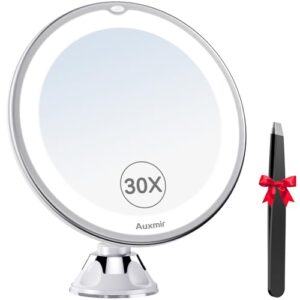Auxmir 2026 Upgraded 30X Magnifying Mirror with Light, Makeup Mirror with 2-Level Lights, Portable Magnifying Mirror Suction Cup and Tweezers, 360° Swivel, Vanity Bathroom Mirror for Home Travel