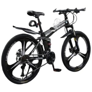 QUANBU 24 26 Inch Adult Folding Mountain Bike, Dual Suspension Mountain Bikes with 3-Spoke Wheel, 21 Speed Mens and Womens Foldable Mountain Bicycle with Mudguard