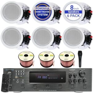 Technical Pro in Ceiling Speakers Kit – 6X 8” 300W Flush Mount Speakers, 6000W Bluetooth Amplifier, Mic & 300ft Wire – Home Theater Ceiling Speaker System for Home, Office, Bar & Restaurant