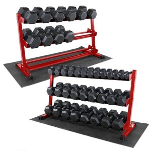 WF Athletic Supply Rubber Coated Hex Dumbbell Set, Multiple Choices Available – Dumbbells with Rack Stand and Mat, or Dumbbells Only (200/550/1200/2100/3000 LB)