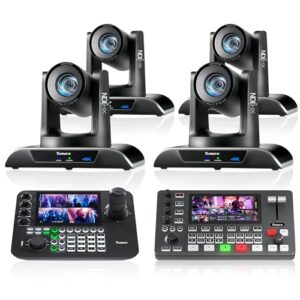 Tenveo PTZ Camera Bundle/Kits – 20X 4K NDI AI Auto-Tracking PTZ Camera(4pcs) with HDMI/USB3.0/LAN(PoE), NDI PTZ Joystick Controller and 4K HDMI + SDI Video Switcher Mixer for Live Production Events