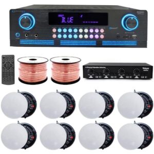 Home Theater System Kit- 2000 W Bluetooth Amplifier w/ 8 Qty of 6.5″ Frameless Ceiling Speakers 200 W Each, 4-Ch Speaker Selector w/Volume Control, 500 ft Speaker Wire & Remote – Vaiyer