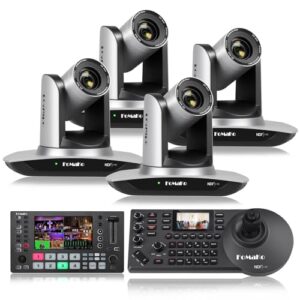 FoMaKo 20x Optical Zoom NDI Camera, AI Auto Tracking HDMI PTZ Camera(4pcs), M3 Video Mixer Switcher+KC608 Pro PTZ Controller,for Church Services Worship Education,PTZ Bundle(FMK20UH X4+M3+KC608 Pro)