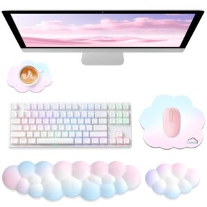 Sushret Cloud Wrist Rest for Computer Keyboard, 4-in-1 Memory Foam Leather Cloud Keyboard Wrist Rest and Mouse Pad Set with Ergonomic Support for Arm and Palm Cushion, Gaming/Work Setup, Rainbow