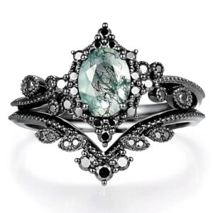 Yusaglow High-grade Vintage 2CT Oval Cut Nature Moss Agate Wedding Ring Set Gothic Moss Agate Women Bridal Ring Anniversary Jewelry Gifts Black Gold Plated S925 Silver,Style10,Size7