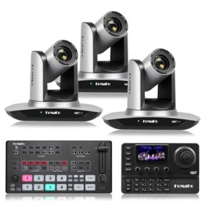 FoMaKo 20x Optical Zoom NDI Camera, AI Auto Tracking HDMI PTZ Camera(3pcs),KC606N PTZ Controller,M1 Video Mixer Switcher,for Church Services Worship Education(FMK20UH NDIX3+KC606N+M1)