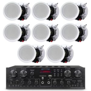 Home Theater System Kit with 1000 Watts 4-Chanel Bluetooth Receiver & 8 Qty 6.5″ 200 Watts in-Wall in-Ceiling Speakers of 2-Way Stereo Sound with Woofer/Tweeter, Flush Design by Technical Pro