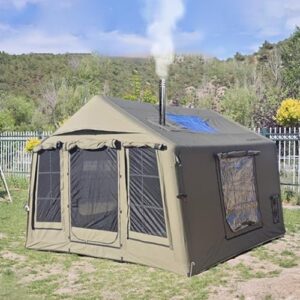 BOOMLATU Cotton Canvas Army Inflatable Tent with Detachable TPU Windows and Pump,2/3/4 Person Pop-Up Tent with Stove Jack Hole & Cable Hole (Army Green)