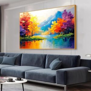 OSTCAL Colorful Lake Landscape Abstract Art Print, Gold Framed, 59″W x 39″H, Living Room Wall Decor