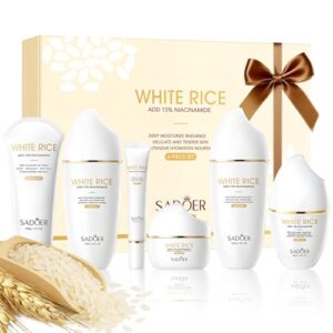 For SADOER Rice Niacinamide Skincare Set – 6 Piece Firming Skincare Kit with Cleanser, Toner, Lotion, Eye Cream, Face Cream & Serum for Daily Facial Care