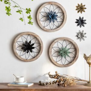 Paquesta 3 Piece Round Farmhouse Wall Decor with 6 Piece Interchangeable Flowers 12” Medallion Wood & Metal Rustic Wall Art for Living Room Bedroom Kitchen Bathroom Dining Room Home Decorations