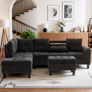97.5″ L Shaped Couch Set, Modular Sectional Couches for Living Room with Storage Ottoman, 4 Seat Home Sofa Living Room Furniture Sets with Chaise for Apartment Office (Linen, Dark Grey)