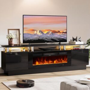 70″ TV Stand for Living Room, Modern Entertainment Center & Media Console, Fits TVs up to 80″, Storage Cabinet with Shelves, 36″ Electric Fireplace with LED Flame (All Black)
