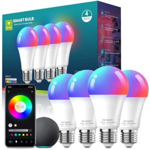 Meliya LED Smart Light Bulbs, Color Changing Dimmable & Timing Smart WiFi and Bluetooth Bulb, Compatible with Alexa and Google Assistant, RGBWW A19, 9W 800 Lumens, Music Sync, Voice Control (4 Pack)