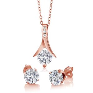 Gem Stone King 18K Rose Gold Plated Silver Lab Grown Diamond Pendant Earrings Jewelry Set For Women | 2.28 Cttw | Gemstone April Birthstone | Round 6MM | with 18 Inch Chain