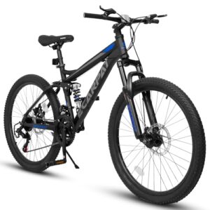 richvelo 24 Inch Mountain Bike with Full Suspension, 21 Speed Shifter Lever with Gear Indicator, High Carbon Steel Frame, Mechanical Disc Brakes, Use for Men/Women/Adults, Ideal for Trails