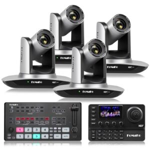 FoMaKo 20x Optical Zoom NDI Camera, AI Auto Tracking HDMI PTZ Camera (4Ppcs), KC606N PTZ Controller, M1 Video Mixer Switcher, for Church Services Worship Education(FMK20UH NDI X4+KC606N+M1)