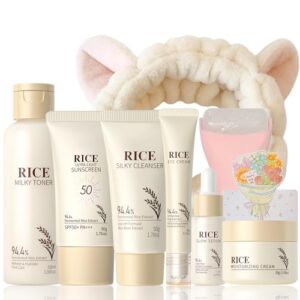 Rice Skincare Set for Women & Girls – Korean Skin Care Set with Rice Cleanser, Toner, Serum, Face Cream, Eye Cream, Sunscreen, Ice Roller, Headband & Card – Moisturizing & Skin Barrier Support (9PCS)