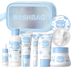 Milk Skincare Set Girls Gifts – 8Pcs Milk Skin Care Sets & Kits for Teens – Skin Care Kit for Women Kids Teenage Girls with Cleanser, Toner, Eye Cream, Serum, Sunscreen, Face Cream, Scrub, Bag