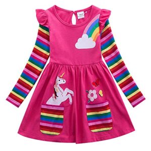 JUXINSU Cotton Girls Flower Rainbow Long Sleeve Dresses Butterfly Animal for Kids 3-8 Years (81035-Fuchsia, 6T(6-7 Years))