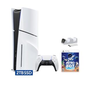 Sony PlayStation 5 Slim Disc 2TB SSD Edition Bundle with Astro Bot and C-Gamers Dual-Controller Charger – PS5 Upgraded with 2TB Ultra Fast SSD, White