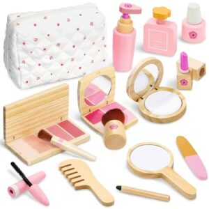 KIDBEST Wooden Makeup Toy Set for Toddler [2026] Play Makeup Kit for Girls 3-5 with Pretend Wood Lipstick/ Mirror/ Brushes/ Cosmetic Set Beauty Girl Birthday Gift Age 3 4 5 6