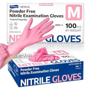 Supmedic Medical Nitrile Exam Gloves, 3.5 mil Powder-Free Food-Safe Disposable Glove for Cleaning & Esthetician, Rose Quartz 100 Pcs (Medium)