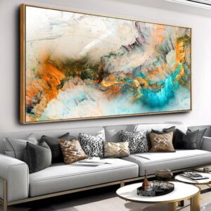 Wall Art Framed Light Gray Blue Yellow Cloud Abstract Canvas Frames – Canvas Painting Wall Art Print Poster for Living Room Decoration 30″x60″ with Frame