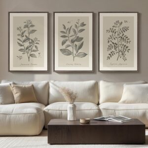 Large Framed Botanical Wall Art for Living Room, 3 Piece Neutral Plant Canvas Painting Prints Artwork for Walls, Vintage Floral illustration Pictures for Farmhouse Bedroom Kitchen Wall Decor, 20×30
