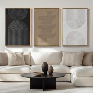 Large Framed Black and White Neutral Abstract Wall Art for Living Room, 3 Piece Boho Canvas Prints Paintings Artwork for Walls, Minimalist Geometric Pictures for Hallway Office Wall Decor 24×36 In