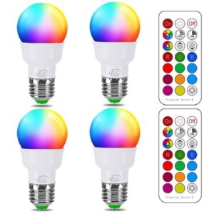 ILC RGB LED Color Changing Light Bulb, 40W Equivalent, 450LM, 2700K Warm White 5W E26 Screw Base RGBW, Flood Light Bulb- 12 Color Choices – Timing Infrared Remote Control (4 Pack)