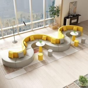 Leather Lounge Sofa Set with Round Table – Creative Breakroom Furniture, Curved Reception Seating for Office, Waiting Area, Minimalist Modern Design D