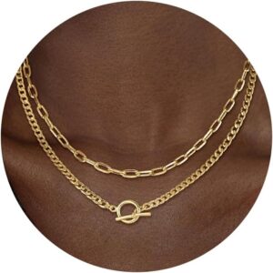 CHESKY Layered Necklaces for Women, 14K Gold Plated Chain Necklace Women Trendy Cuban Link Paperclip Chain Toggle Clasp Necklace Fashion Chunky Jewelry for Women