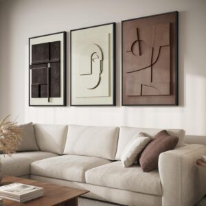 Framed Abstract 3D Textured Wall Art for Living Room, 3 Piece Modern Neutral Artwork for Walls, Brown White Geometric Sandstone Textured Painting for Bedroom, Home Office Decor-Total Size 30×60 Inch
