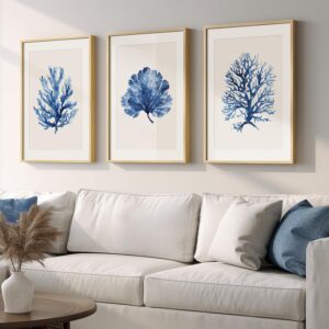 Framed Coastal Coral Wall Art for Living Room, Large Navy Blue Watercolor Coral Artwork for Walls, 3 Piece Minimalist Ocean Beach Marine Plants Pictures Prints for Bedroom Hallway Wall Decor, 16×24 In