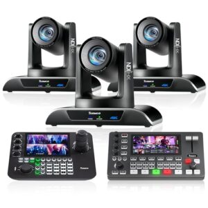 Tenveo PTZ Camera Bundle/Kits – 20X 4K NDI AI Auto-Tracking PTZ Camera(3pcs) with HDMI/USB3.0/LAN(PoE), NDI PTZ Joystick Controller and 4K HDMI + SDI Video Switcher Mixer for Video Production Events