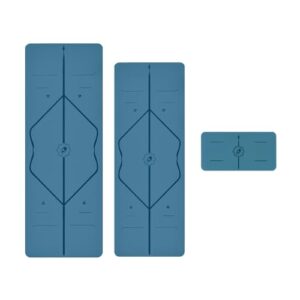LIFORME Yoga Mat & Travel Mat & Yoga Pad Bundle Pack – Patented Alignment System, Eco-Friendly, Non-Slip Warrior-Grip, Made with Natural Rubber, Thick, Sweat Resistant, Comfortable – Blue/Blue/Blu