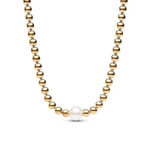 PANDORA Treated Freshwater Cultured Pearl & Beads Collier Necklace – 14K Gold-Plated Necklace with Treated Freshwater Cultured Pearl for Women – Jewelry for Women – Includes Gift Box – 17.7″