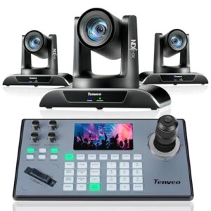 Tenveo PTZ Camera and Controller Bundle/Kits – 20X NDI AI Auto-Tracking PTZ Camera(3pcs) with HDMI/USB3.0/LAN(PoE) and NDI PTZ Controller Joystick Controller for Church Worship Service Live Streaming