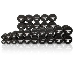 XMARK Commerical 12-Sided Urethane Dumbbells, 15 Pair, 5lb to 75lb, Pro-Grade Dumbbell Weight Set, Tough, Durable, Odor-Resistant CPU Coating, Free Weights, Hand Weights, for Strength Training and Conditioning