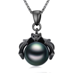 KANNSOAR Tahitian Black Pearl 8MM AAAA 18K Black Gold Plated Sterling Silver Bat Pendant Necklace for Women Wife Mom Girlfriend Her Jewelry Gift for Anniversary Birthday Halloween