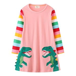 Baby Girl Dinosaur Dress Rainbow Striped Long Sleeve Dresses Cartoon Birthday Party Dress Spring Autumn Winter Clothes 5T