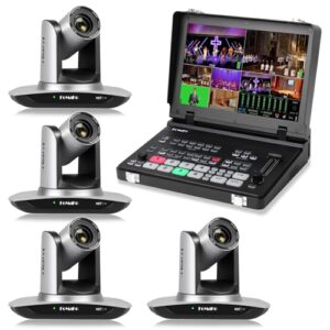 FoMaKo 20x Optical Zoom NDI Camera, AI Auto Tracking HDMI PTZ Camera（4pcs, M5 Video Mixer Switcher, for Church Services Worship Education,PTZ Bundle(FMK20UH X4+M5)