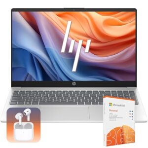 HP Laptop with 1-Year Microsoft 365 & Wireless Buds| 15.6 inch HD Display| Intel Quad-Core Processor| HDMI| USB-C| Windows 11 H (Silver, 32GB RAM | 128GB SSD | 128GB External Drive)