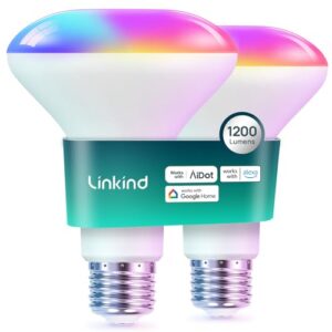Linkind BR30 Smart Light Bulbs,1200LM Smart Flood Light Bulbs Compatible with AiDot App, Alexa, Google Home, E26 RGBTW Recessed Color Changing Bulbs, 2.4GHz WiFi Only, LED Light Bulbs 14W=85W,2Pack
