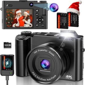 4K Digital Camera for Photography and Vlogging, 64MP Compact Autofocus YouTube Video Camera with Dual Lens 3″ IPS Selfie Anti-Shake, 16X Zoom, Flash, 32GB Card, 2 Batteries, Teens & Beginners, Black