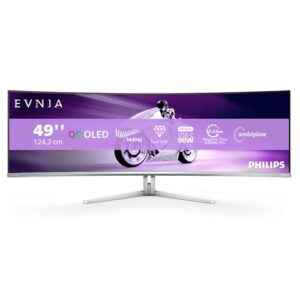 Philips Evnia 49M2C8900L – 49-inch DQHD OLED Curved Gaming Monitor, 144 Hertz, 0.03ms GtG, HDR400, Ambiglow, FreeSync Prem. Pro (5120 x 1440, HDMI 2.1, DisplayPort 1.4, USB-C, USB Hub) White
